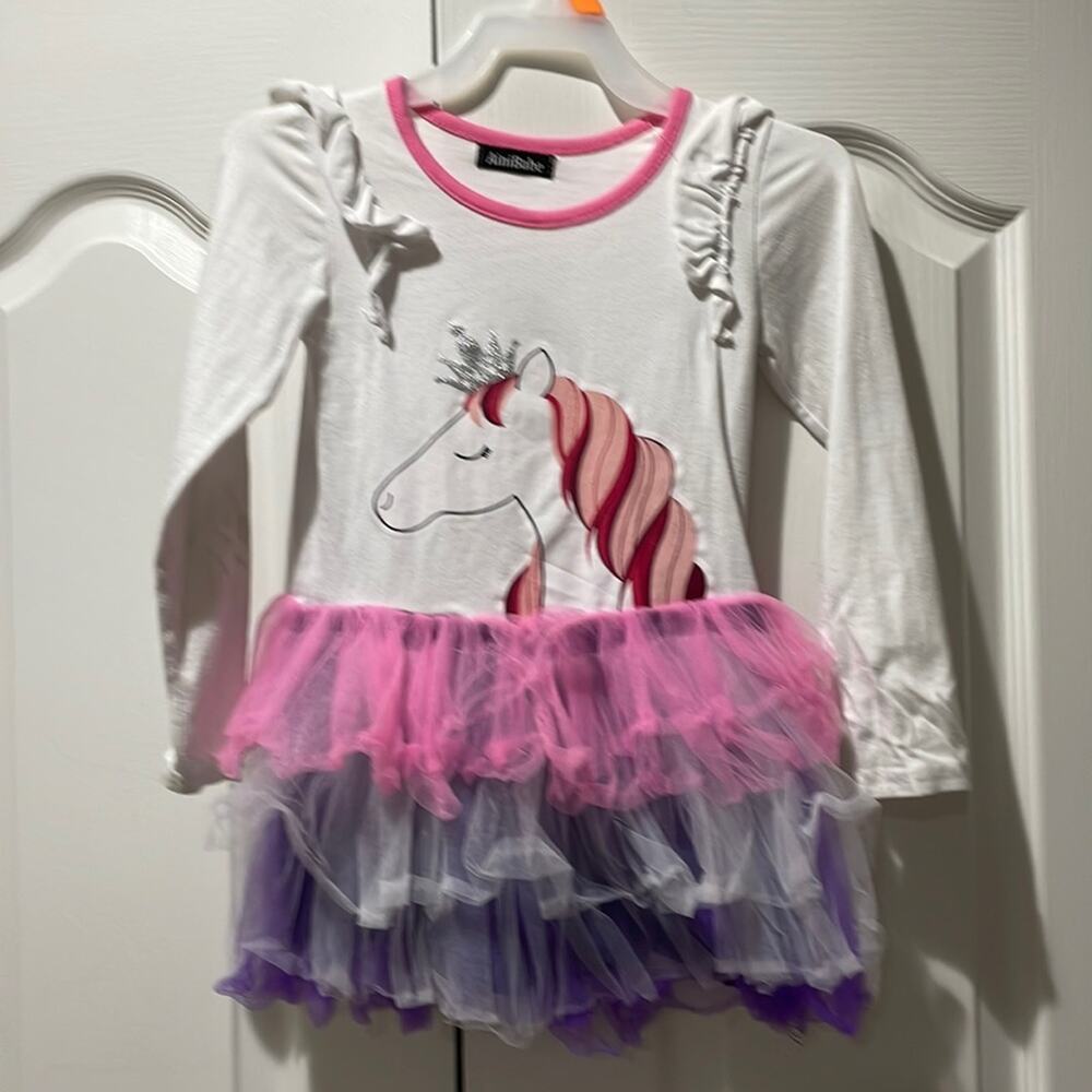 Ainibabe unicorn tulle tiered dress guc pink purple white ruffled sleeve